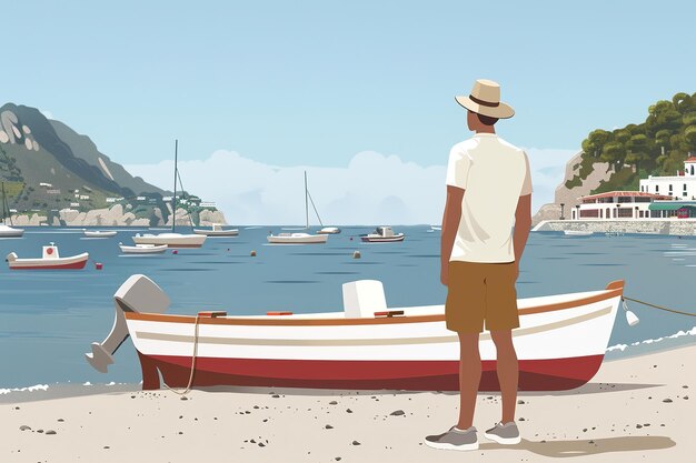 Foto turista che ammira la vista del mare con le barche dalla spiaggia in illustrazione estiva