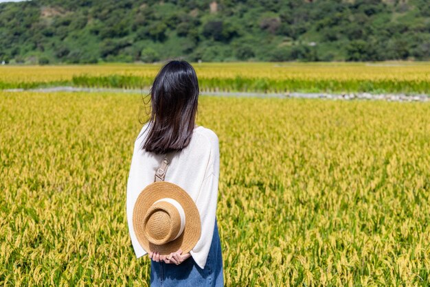 Photo tourist woman visit paddy rice field