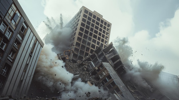 Photo a towering building collapses into a cloud of dust and debris captured during the final moments of controlled demolition