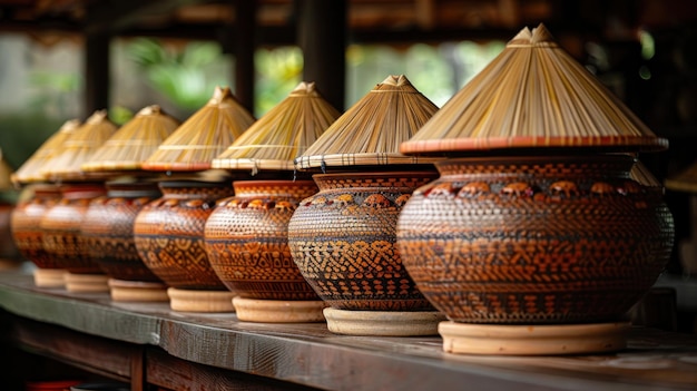 Traditional Asian Clay Pots with Straw Hats