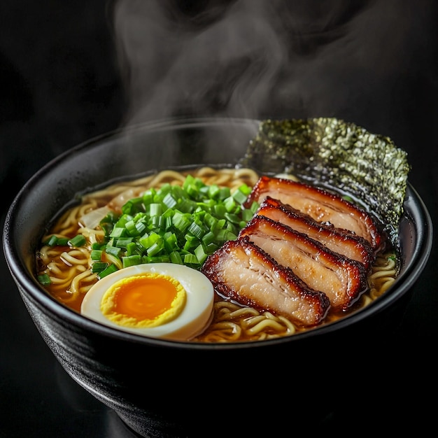 Foto suppa tradizionale giapponese di tagliatelle ramen con spinaci e uova su sfondo nero