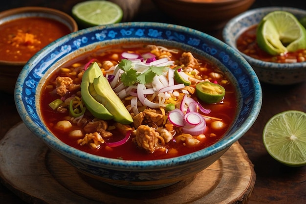 Photo traditional pozole with a side of pickled vegetables