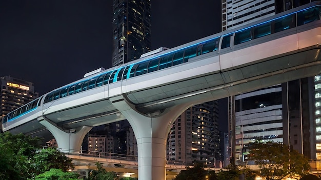 Photo a train is going over a bridge that says  metro