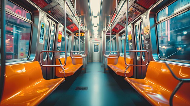 A train with orange seats and a yellow door on the side of