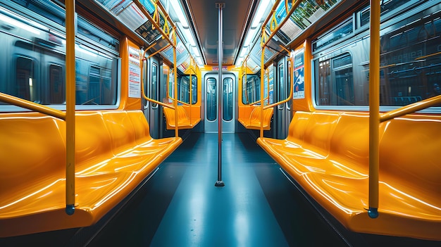 A train with yellow seats and a blue floor and a yellow rail with yellow rails and a blue floor