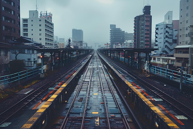 A train yard with several train tracks and buildings in the background with a few cars on the