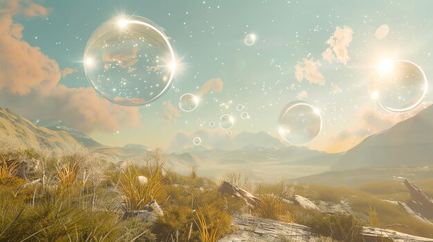 Tranquil mountain landscape with glowing bubbles floating in the sky