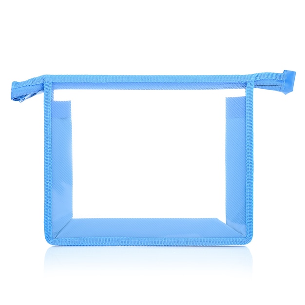 Transparent plastic folder with a blue zipper isolated on a white background