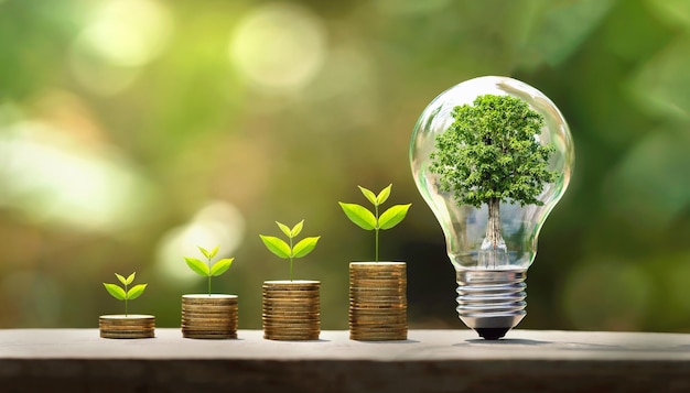 Tree growing on coins and light bulb concept saving money with energy