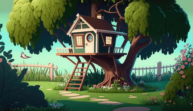 Tree house backyard lawn fence ai generated