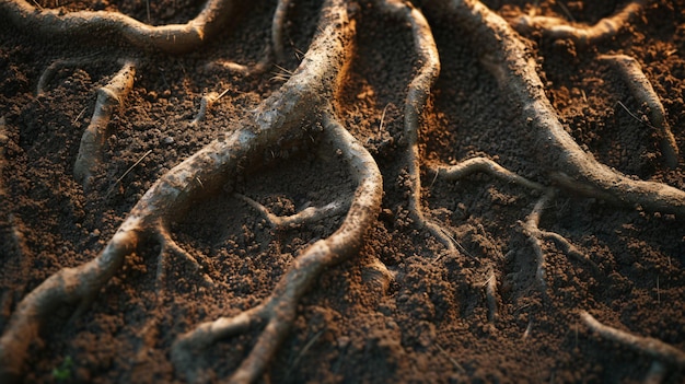 a tree roots are exposed on a dark background