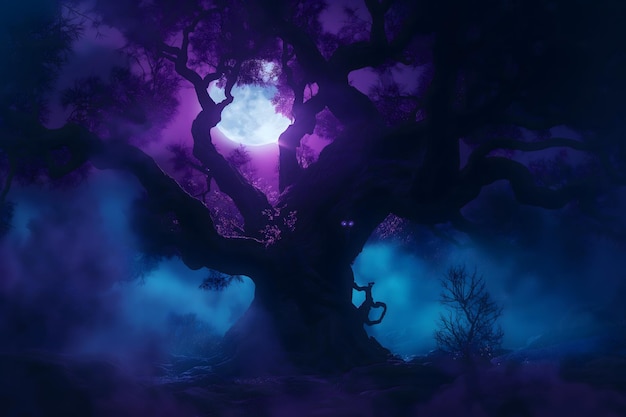 Photo a tree with a purple moon in the background