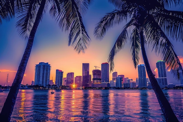 Photo trees skyline miami florida bay skyline sunset view through palm trees