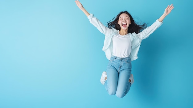 Photo trendy asian woman jumping and smiling