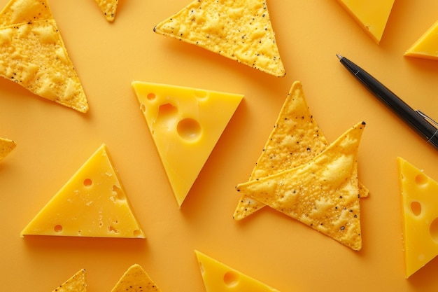 Photo triangular cheese slices alongside nacho chips on a yellow background