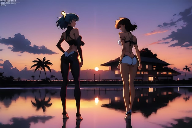 tropical beach sunset anime view