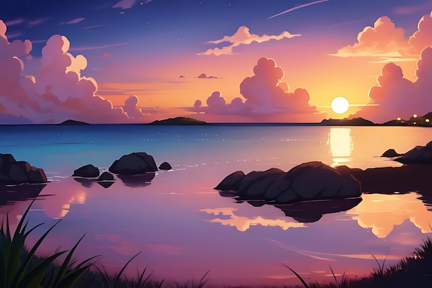 tropical beach sunset anime view