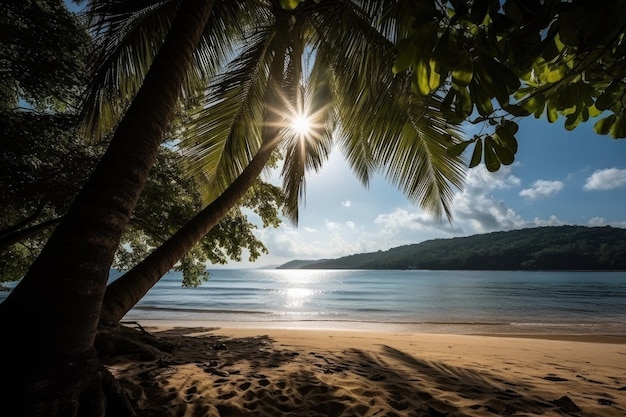 Tropical beach with coconut palm trees at sunset Seychelles A beautiful tropical beach view with a clear blue ocean AI Generated