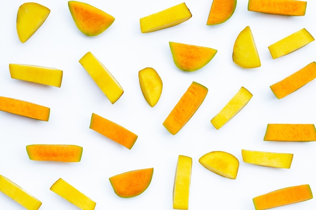 Tropical fruit, Mango slices on white background.