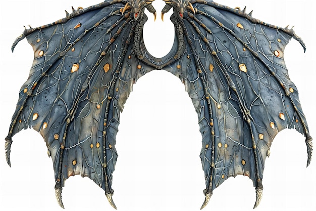 Photo two beautiful realistic dragon wings made of dark grey stone with small golden claws and teeth in