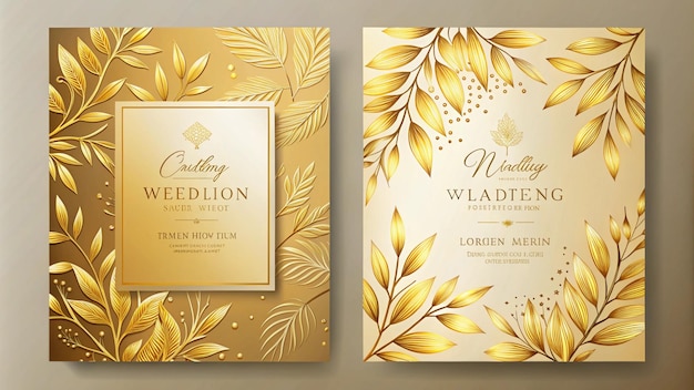 Photo two brochures for a wedding with gold leaves and a gold floral design