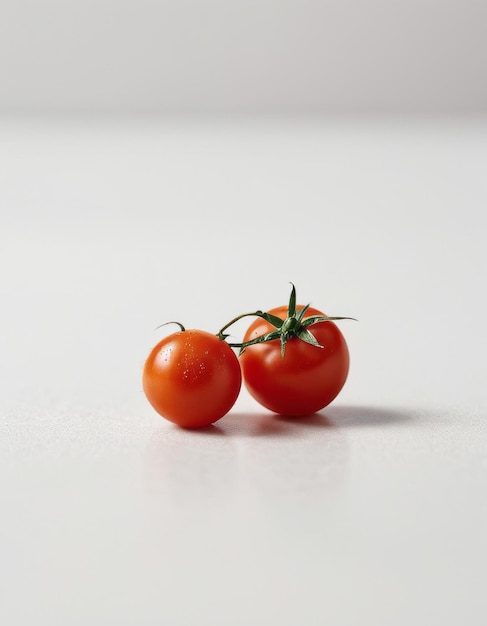 Photo two cherry tomatoes are on a white surface one of which has a green stem