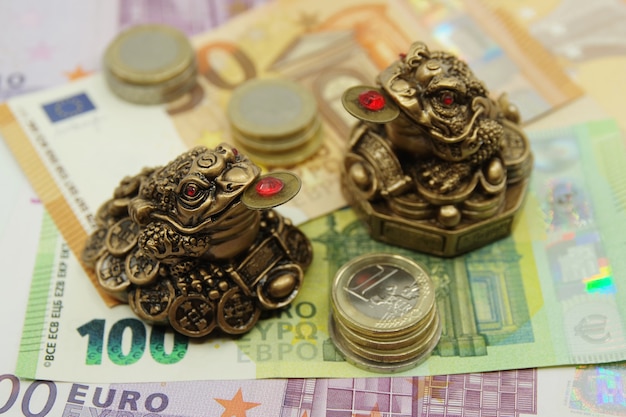 Two Chinese Feng shui frogs sitting on euro banknotes