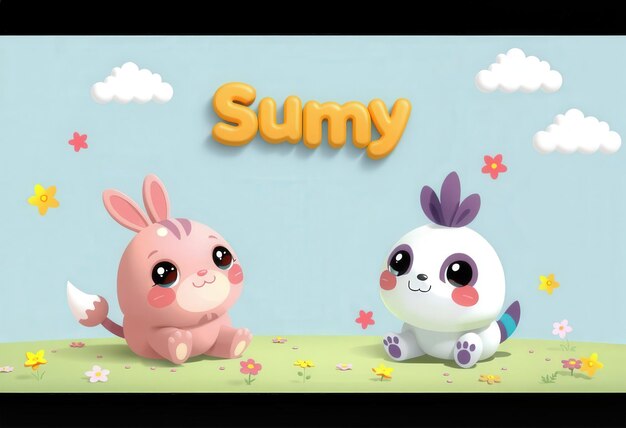 Photo two cute cartoon characters a pink rabbit and a white bunny sitting on a green meadow with a blue sky