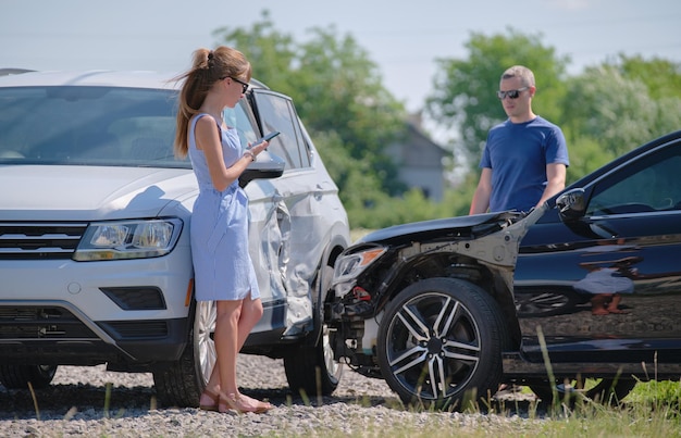 Two drivers having argument over who is guilty in car crash accident Road safety and insurance concept