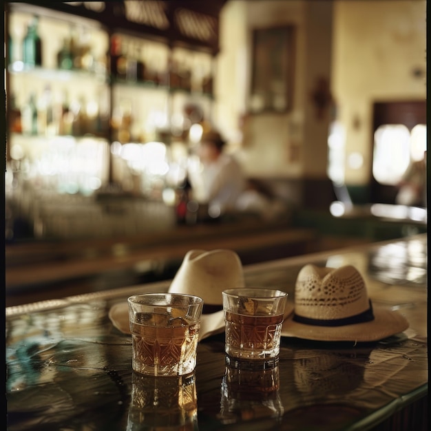 Photo two glasses of whiskey and a straw hat on a bar counter