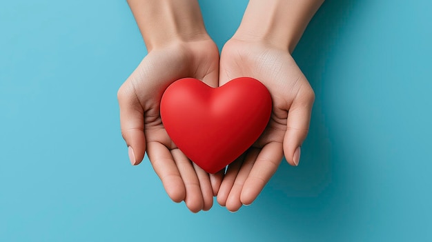 Two hands holding a red heart against a blue background symbolizing love and care