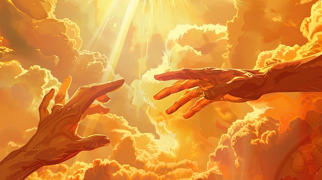 Photo two hands reaching towards each other with a glowing sun in the background