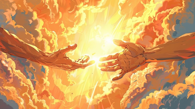 Photo two hands reaching towards each other with a glowing sun in the background