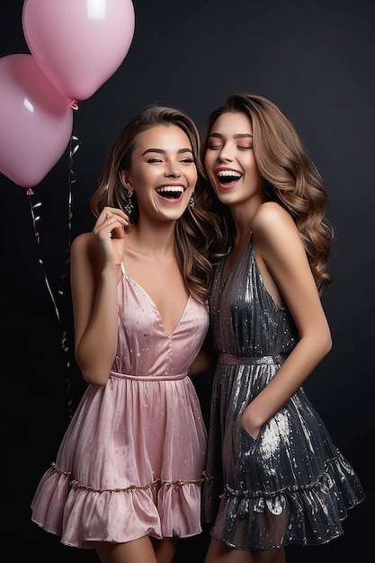 Two laughing models in trendy night dresses on the black wall background in the studio balloons