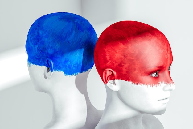 Two opposite back heads colored red and blue