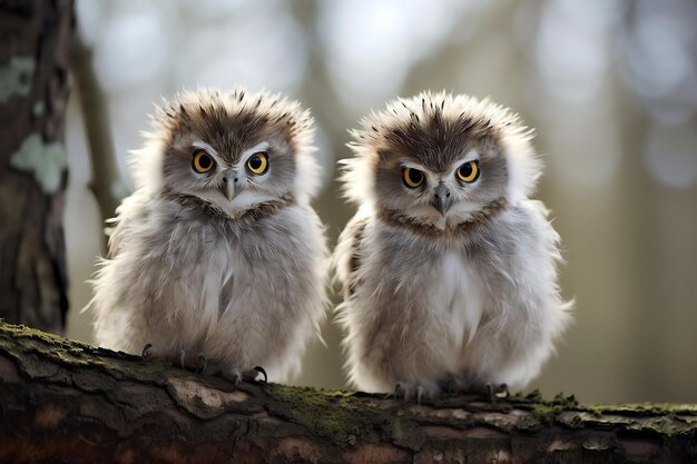 Photo two owls on a branch