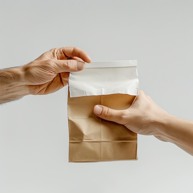 two people are holding a brown paper bag and one is holding a brown paper bag