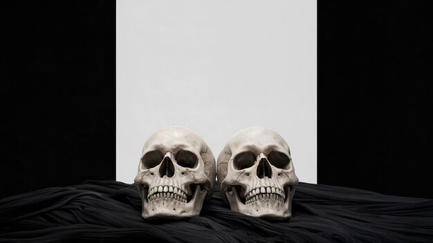 Photo two realistic skulls are depicted photo contrasting with a solid black background and a bright whi