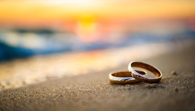 Photo two wedding rings laying on a surface with the sun setting behind them