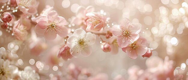 Photo ultra wide greeting card pink and white flowers combination magic of nature blurred background