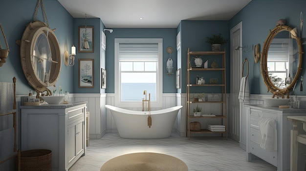 Ultrarealistic 8k coastal bathroom captures the essence of the beach with its nautical accents natural textures and oceanic color palette Generated by AI