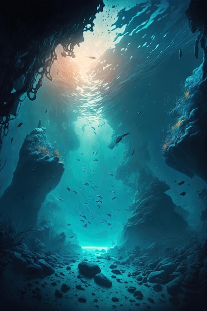 Photo underwater cave in fantasy underwater world digital illustration ai