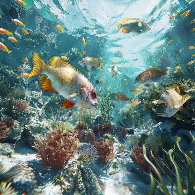 Photo underwater view of a coral reef with tropical fish and corals