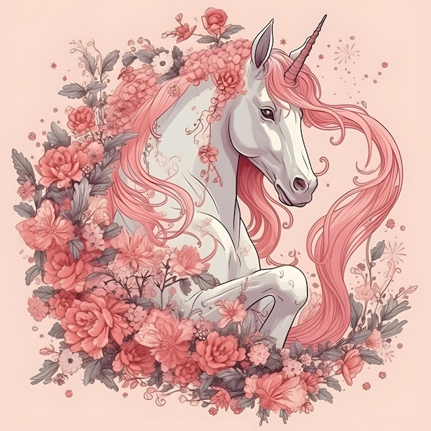 A unicorn with a pink mane and flowers on it