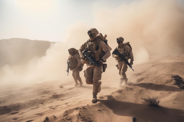 United States Marine Corps Special forces soldiers in the desert during a mission Special military soldiers walking in a smoky desert AI Generated