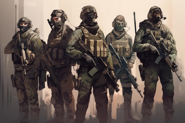 United States Marine Special Forces soldiers in uniform with assault rifle and assault rifle Special Forces Military Unit in Full Tactical Gear AI Generated