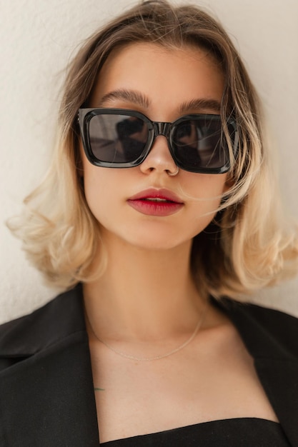 Urban female summer portrait of beautiful young woman with black fashion sunglasses in black business elegant clothes on the street