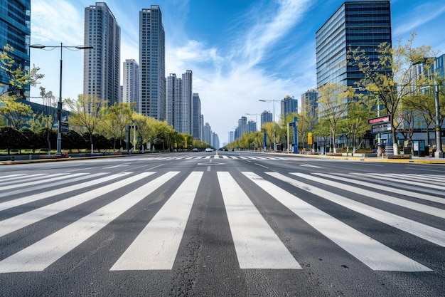 An urban landscape with a deserted street and tall buildings