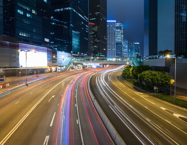 Urban night scene and vehicle flow track, Hongkong, China