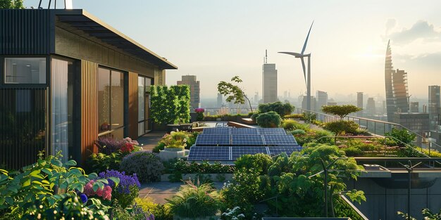 Photo urban rooftop garden blends nature with technology